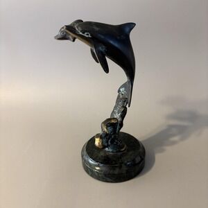 Vintage Verdigris Brass Dolphins Statue Verdigris Marble Base 6" Mother Baby